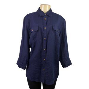 Ralph Lauren Women’s Navy Blue Linen Button-Up Shirt With Pockets Size 2X